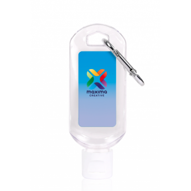 Image of 50ml Hand Sanitiser Gel with Carabiner Clip. Printed Full Colour with your Logo