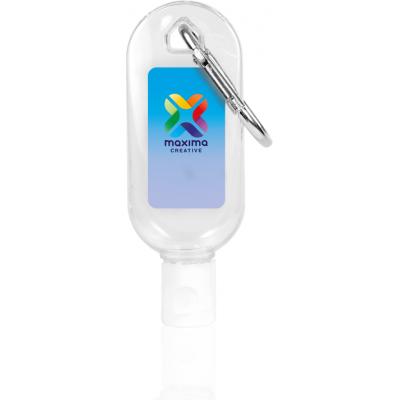 Image of Hand Sanitiser Gel 30ml with Carabiner Clip. Printed Full Colour with your Logo