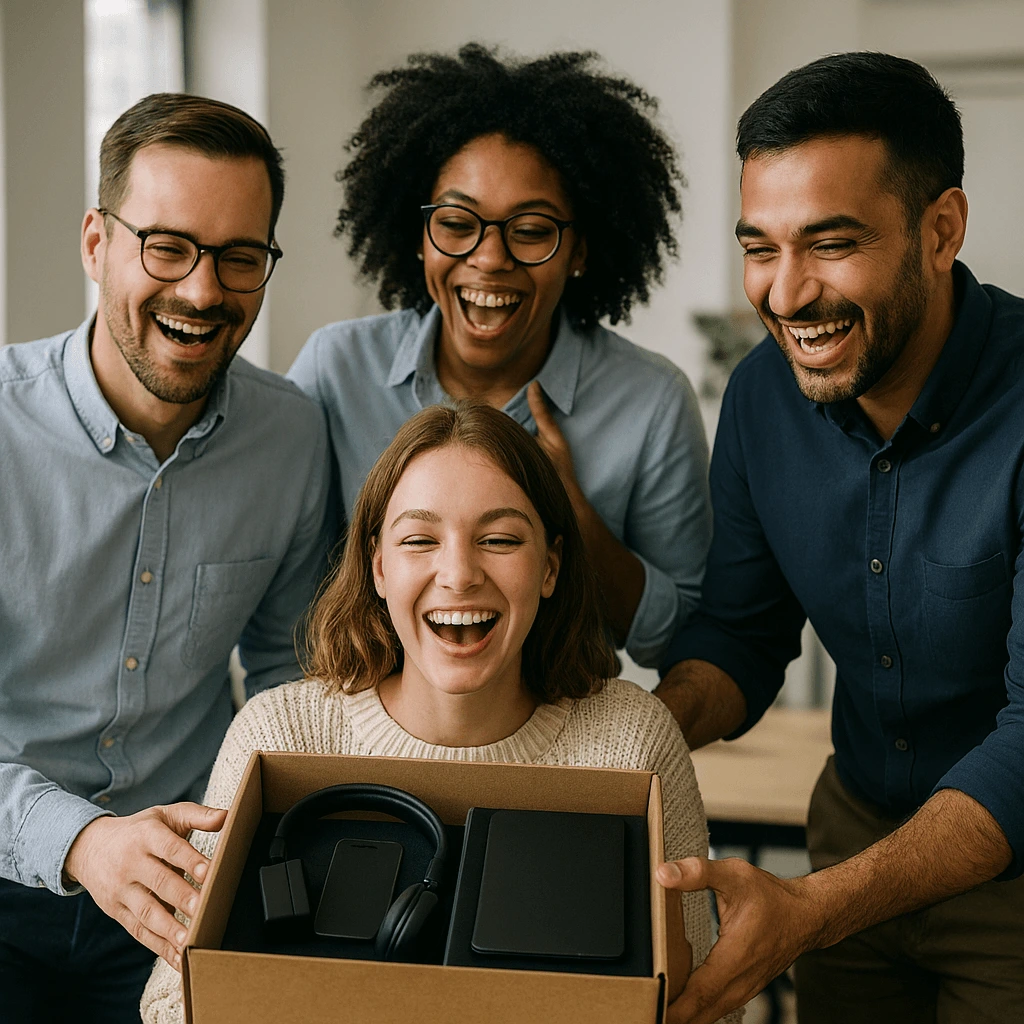 Employees receiving tech gifts
